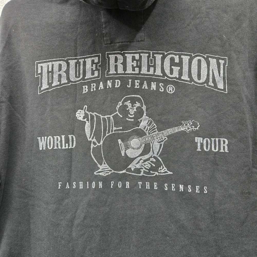 True Religion Men Hoodie L/G Black Embroidered Graphic Fleece Buddha Guitar